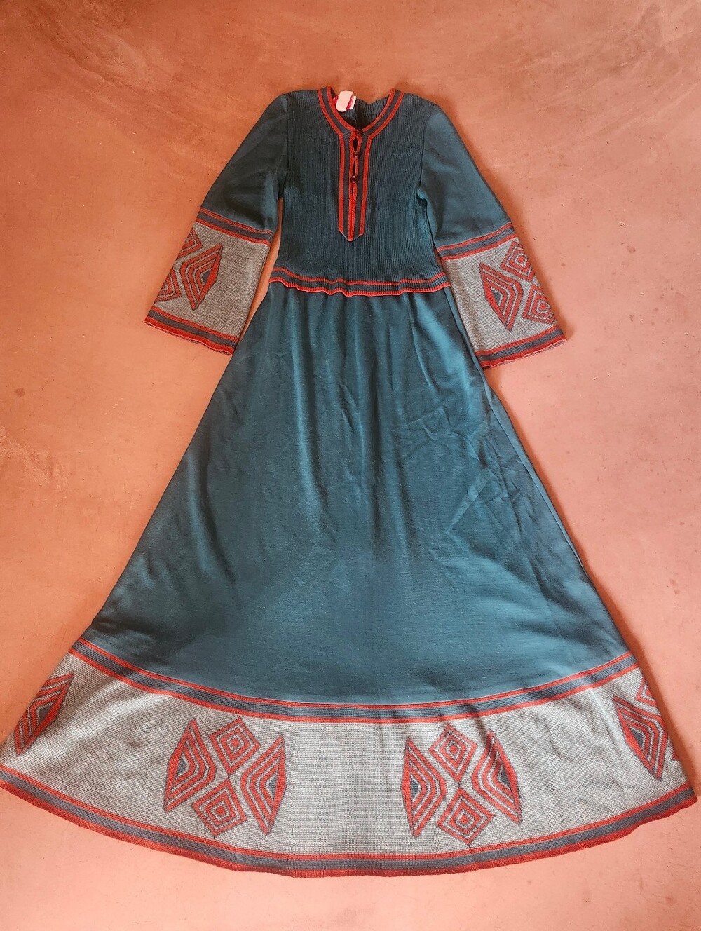 STUNNING vintage 70s teal knit maxi sweater dress S southwestern hippie desert - Picture 6 of 10
